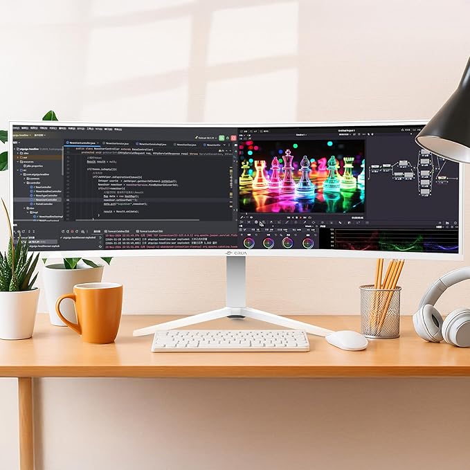 CRUA 49" White Curved Monitor | DQHD(5120 * 1440), 120Hz, 1500R, 32:9, AMD FreeSync, 120% sRGB, Height Adjustable Ultra-Wide Screen Computer Monitors, HDMI 2.1 & DP 1.4, Wall Mount Install