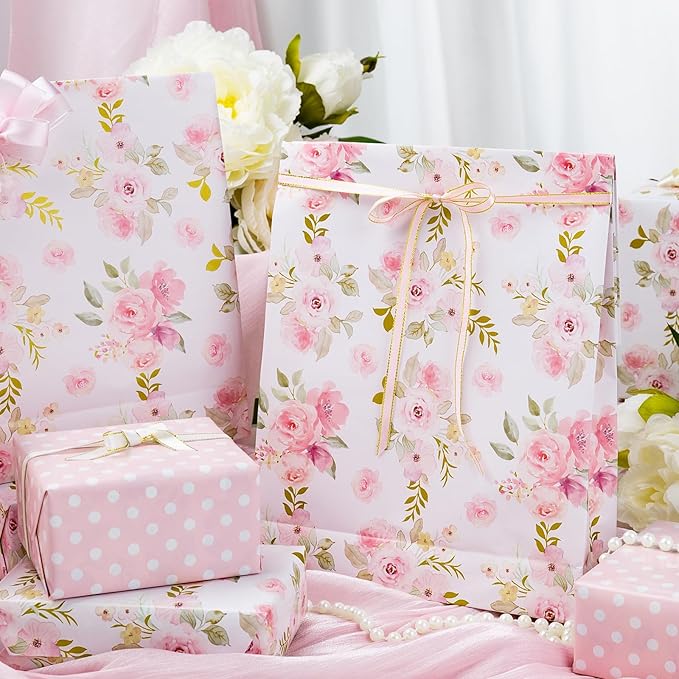 Burymento Pink Flower Wrapping Paper, Reversible Pink Wave Point Gift Wrap for Birthday, Valentines, Mothers day, Graduation, Wedding, Fathers day, Baby Shower, Christmas (17in x 32.8ft)