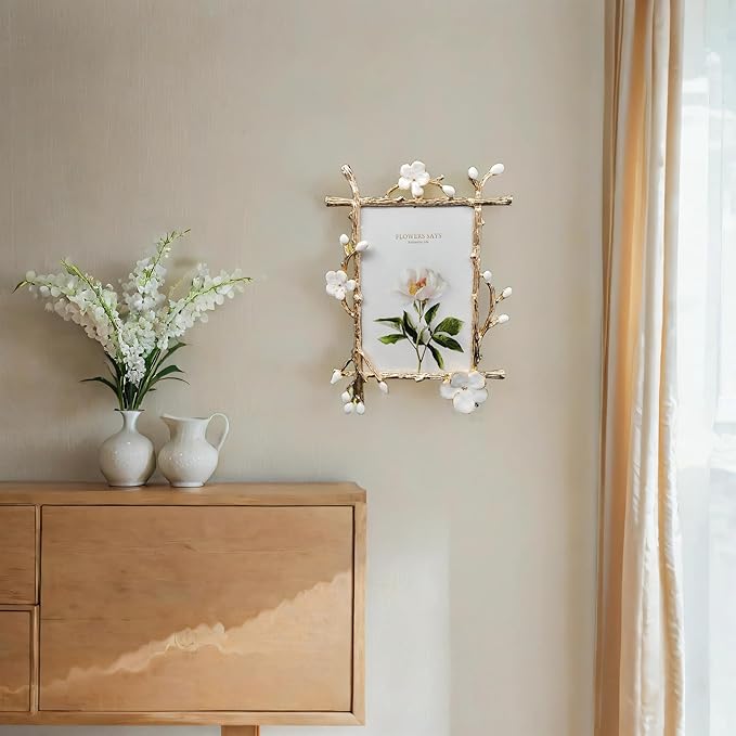 Vintage 4X6 Floral Metal Picture Frame with Enamel Finis Glass Front - Ornate Antique Big White Flowers Photo Frame Tabletop/Wall Display Gifts for Women