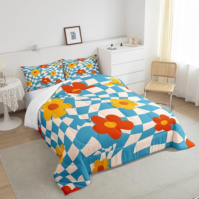 Castle Fairy Kids Vintage Groovy Daisy Flowers Bedding Comforters King Size,Abstract Blue Plaid Boys Girls Comforter Set Room Decor,70s Hippie Floral Modern 3pcs Bedding Set Chic Xmas Present