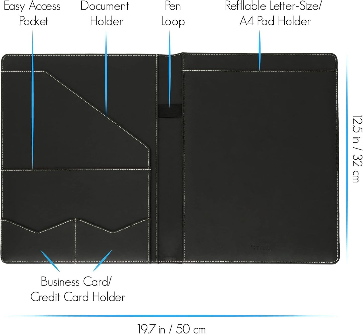 Skiennix Padfolio Organizer - Elegant Faux Leather Interview Resume Folder | Letter-Sized Notepad & Business Card Holder | Piano Noir Finish