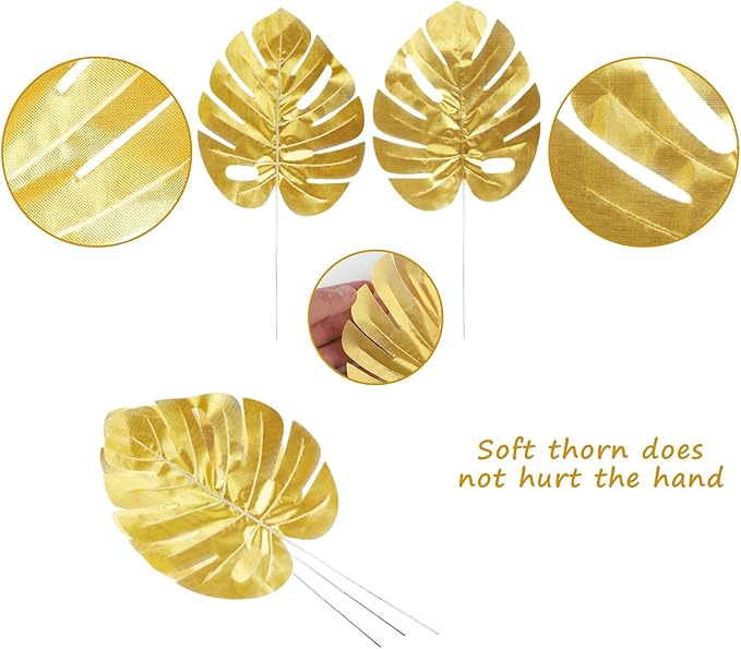 CCINEE 24PCS Golden Artificial Palm Leaves, 3 Sizes Faux Monstera Leaves Simulation Safari Leaves with Stems for Home Hawaiian Luau Party Jungle Beach Theme Party Decoration