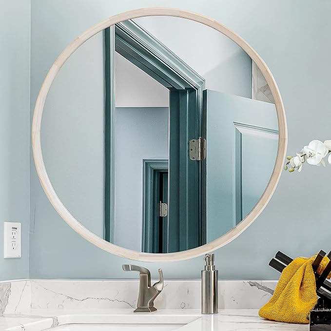 MAGFLERUM 30 Inch Round Natural Wood Mirror, Large Wall Circle Frame for Bathroom, Nursery Decor
