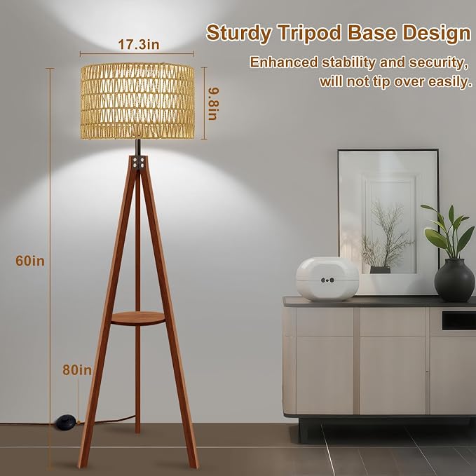 Boho Rattan Floor Lamp with Shelf & Bulb Included, Wicker Tripod Floor Lamp 3 Color Temperatures, Wood Rustic Tall Lamps with Foot Switch, Walnut Boho Standing Lamps for Living Room Bedroom
