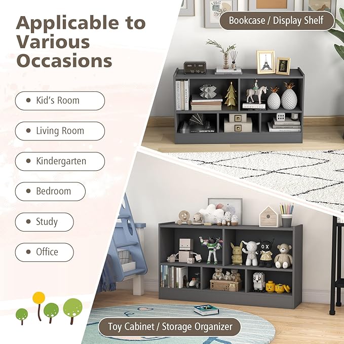 Toy Storage Organizer, 2-Tier Kids Bookshelf, 5 Cube Kids' Bookcases, Cabinets & Shelves, Wooden Toy Organizers, Small Book Shelf for Bedroom, Playroom, Classroom, Nursery (Gray)