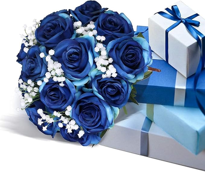 Kisflower 12Pcs Gradient Blue Roses Artificial Flowers, Realistic Single Stem Flowers Silk Rose Bouquet for Wedding Party Office Home Decor (Gradient Blue)