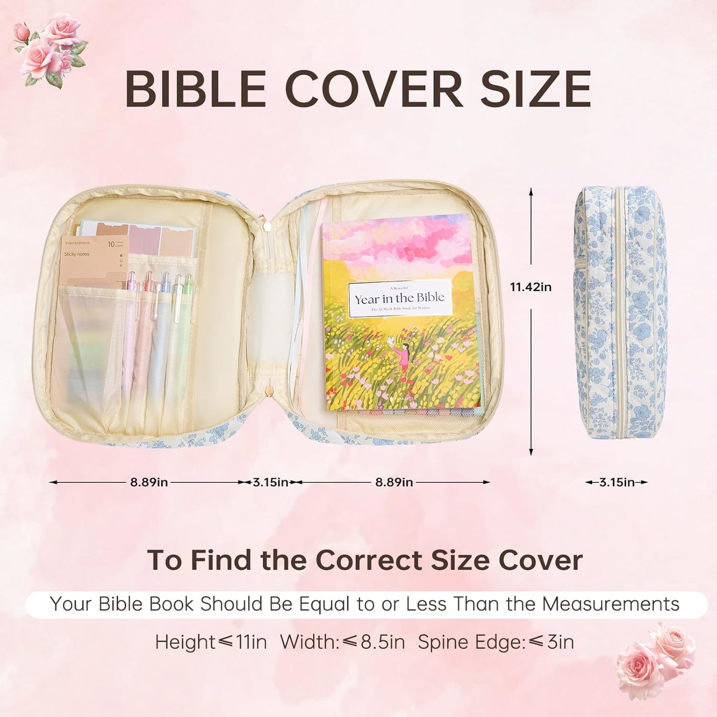 Skiennix Bible Cover - Quilted Large Bible Carrying Case for Women | Blue Floral Design