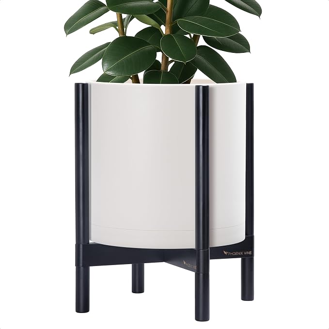D'vine Dev Planter Pot with Stand - 14 Inch Plastic Cylinder Flower Pot with Wood Planter Holder for Indoor, Oatmeal Pot + Ebony Stand, 55-C-T-4