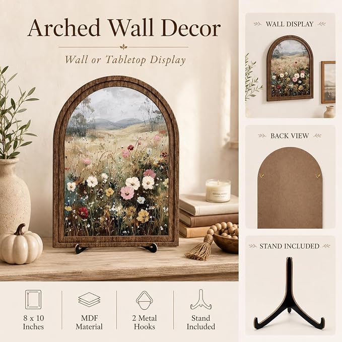 Rustic Farmhouse Tabletop Decor Sign, Arched Wooden Frame with Stand, Soft Wildflower Meadow Art for Living Room Dining Room Bedroom, Warm Gift for Friends