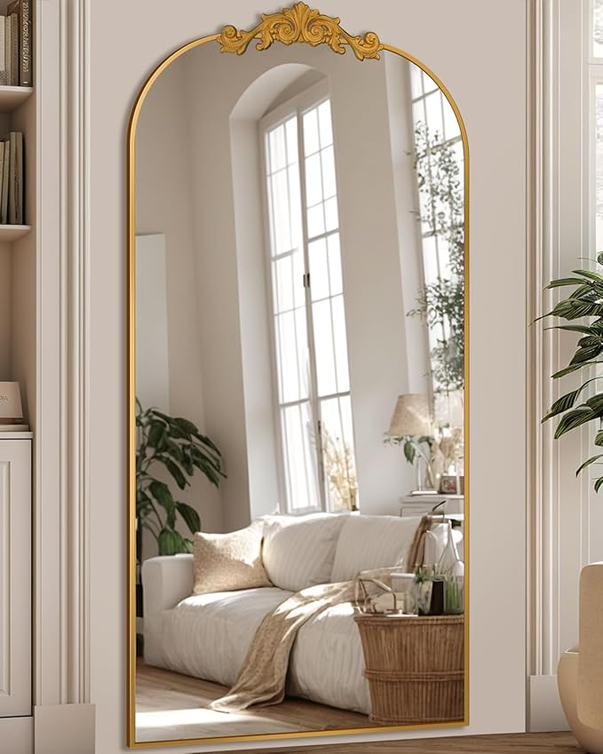 Antok Arched Full Length Mirror, 71"x28" Floor Mirror with Carved, Full Body Mirrors for HomeDecor, Standing/Halling Large Wall Mirror for Bedroom, Living Room, Cloakroom, Gold, Retro Style