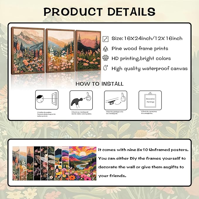 Colorful Nature Floral Wall Art Set of 3 24x16in Wood Framed, with 9 Bonus 8x10in Poster Art Prints, Boho Retro Wildflower Landscape Artwork Wall Decor for Living Room Bedroom Home Decor