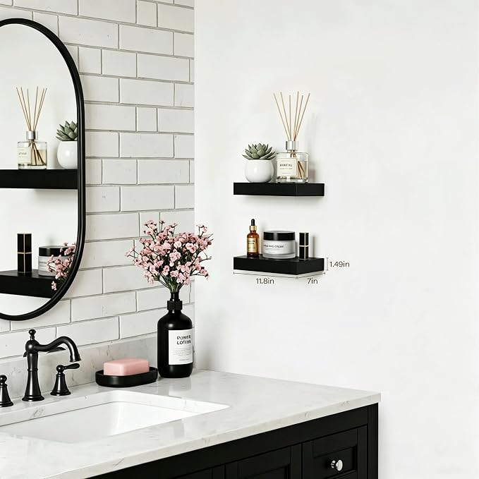 Black Floating Shelves for Wall Set of 2, 11.8 Inch Small Wall Shelves for Bathroom Over Toilet, Home Office & Bedroom Storage, Wall Mounted Display Shelves for Decor, Books & Collectibles