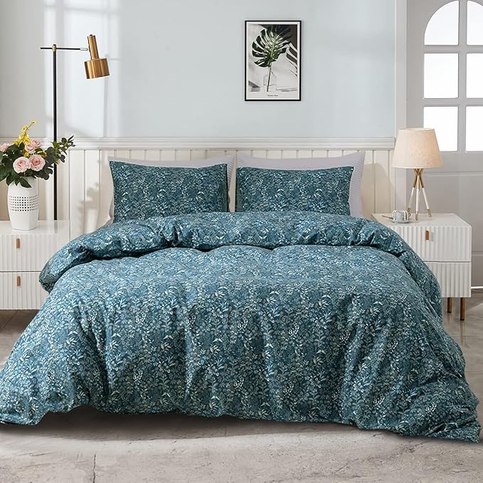 EAVD Garden Style Floral Duvet Cover Twin Soft 100% Cotton Blue Floral Bedding Set with 2 Pillowcases Chic Shabby Botanical Comforter Set for Girls with Zipper Closure(Twin, Blue)