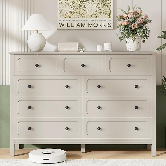 Dresser for Bedoom, Modern Chest of Drawers, Wood 8 Drawer Dresser with Metal Handles, Storage Organizer Wide Dressers for Living Room, Hallway, Entryway, Beige