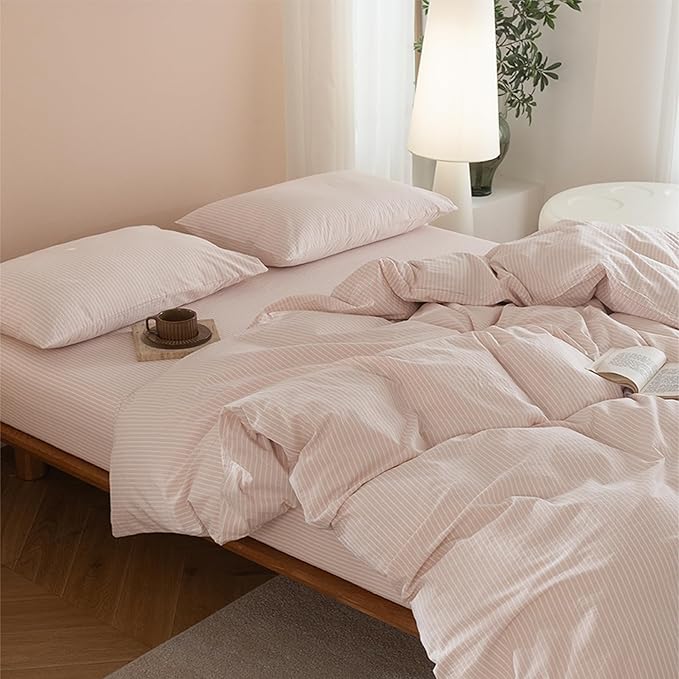 JIYUAN 100% Washed Cotton Striped Duvet Cover Set 3 Pieces Queen, 1 Duvet Cover and 2 Pillowcases(Comforter Not Included),Linen Like Comfy and Breathable,Pinstripes-Heathered Greyish Pink White