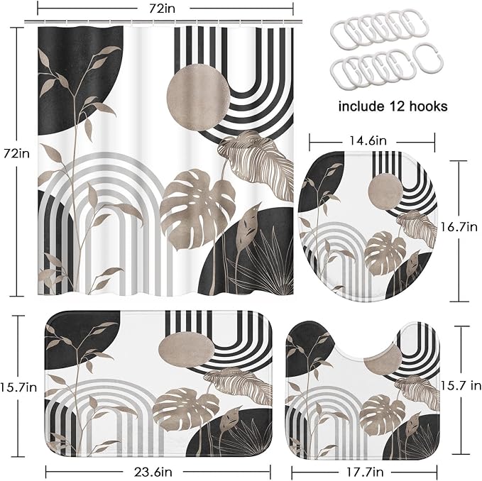 Boho Grey Shower Curtain Set with Toilet Lid Cover and Non-Slip Rugs, Abstract Leaf Minimalist Neutral 4 Pcs Modern Minimalist Vintage Shower Curtain for Bathroom Set with 12 Hooks