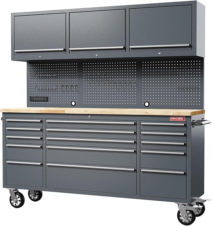 HAUTMEC 72" Rolling Tool Chest, Mobile Garage Workbench, Heavy-Duty Tool Cabinet on Wheels with 15 Drawers, 3 Upper Cabinets, Pegboard & 51 Hooks, Oak Work Surface & Power Strip – HT0428