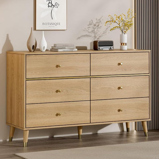 6 Drawer Dresser,47" Wide Mid Century Modern Chest of Drawers,Wooden Bedroom Drawer Dresser with 6 Storage Drawers for Bedroom,Living Room,with Anti-Tipping Device,Wood