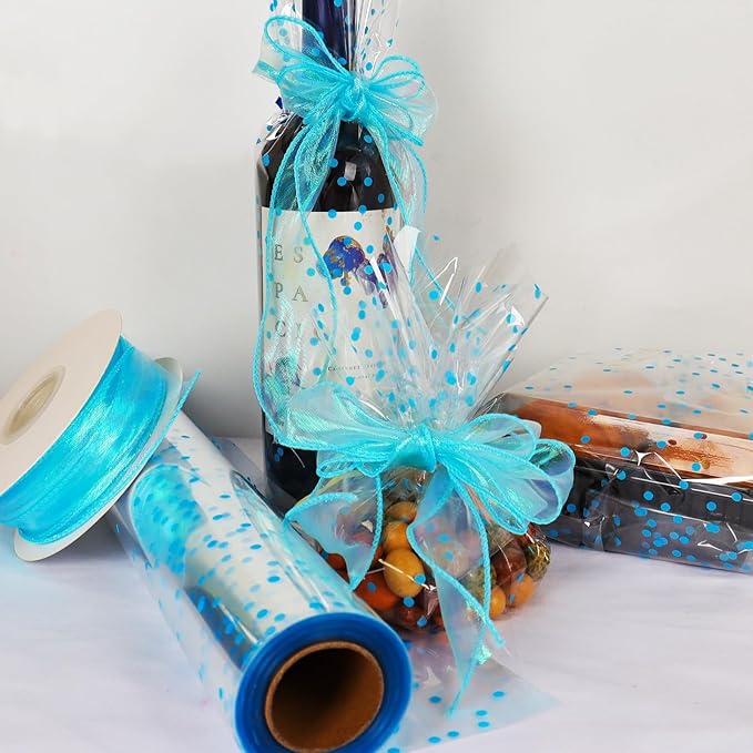 CMFYHM Clear Cellophane Wrap Roll (34" x 100’Ft) Blue Polka Dot Cellophane, Transparent Cellophane Wrap Roll for Treats, Gifts, Baskets, Flowers, Birthday Party,Easter, Christmas Decorations