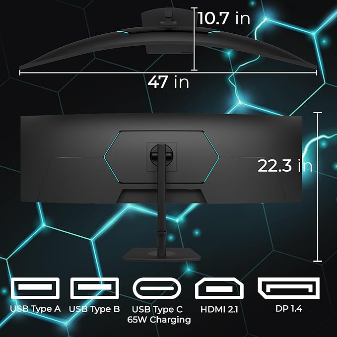 Deco Gear 49" Curved Ultrawide DQHD Monitor, 5120×1440 165Hz 1500R, USB-C 65W KVM, HDR Adaptive Sync, Dual HDMI 2.1, DP 1.4, Speakers, Ergonomic, American Seller