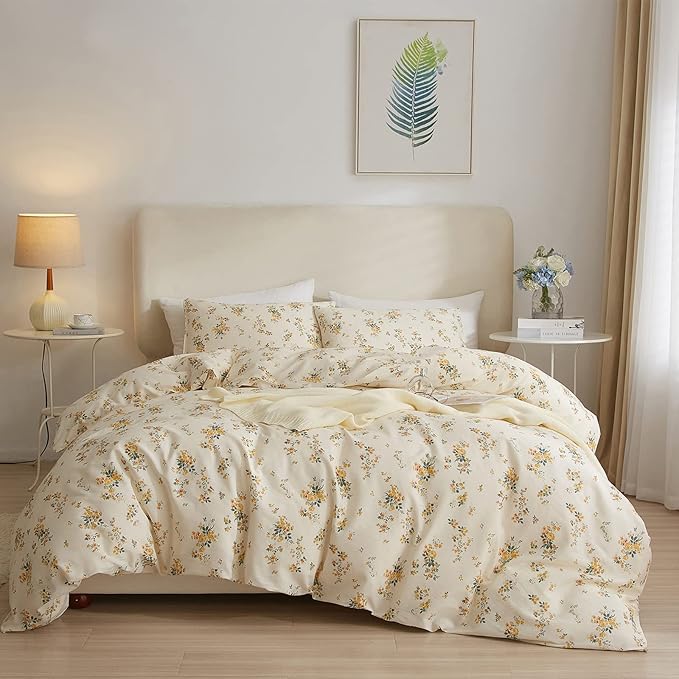 EAVD Garden Style Yellow Floral Duvet Cover King Soft Cotton Bedding Set Chic Botanical Floral Bedding Set with 2 Pillowcases Reversible Aesthetic Comforter Cover for All-Season