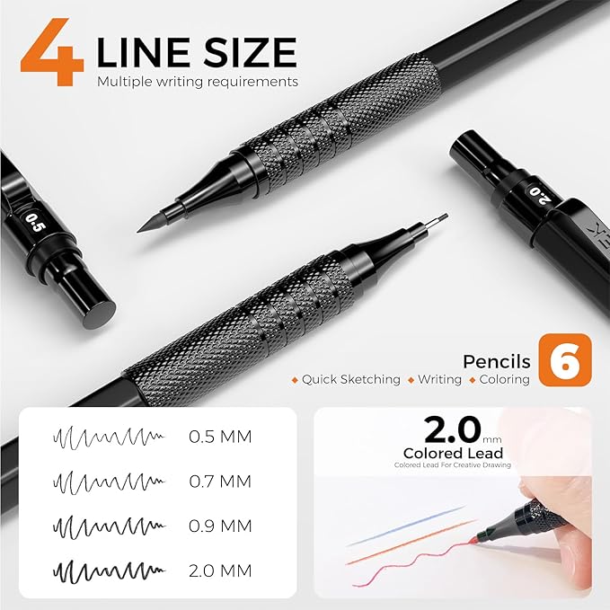 STAGEEK 35PCS Black Art Mechanical Pencil Set in Case，0.5 0.7 0.9 2.0 Graphite Metal Drawing Drafting Pencils, Sharpener Erasers 384PCS Lead Refills (6B 4B 2B HB 2H 4H Colors) for Writing Sketching