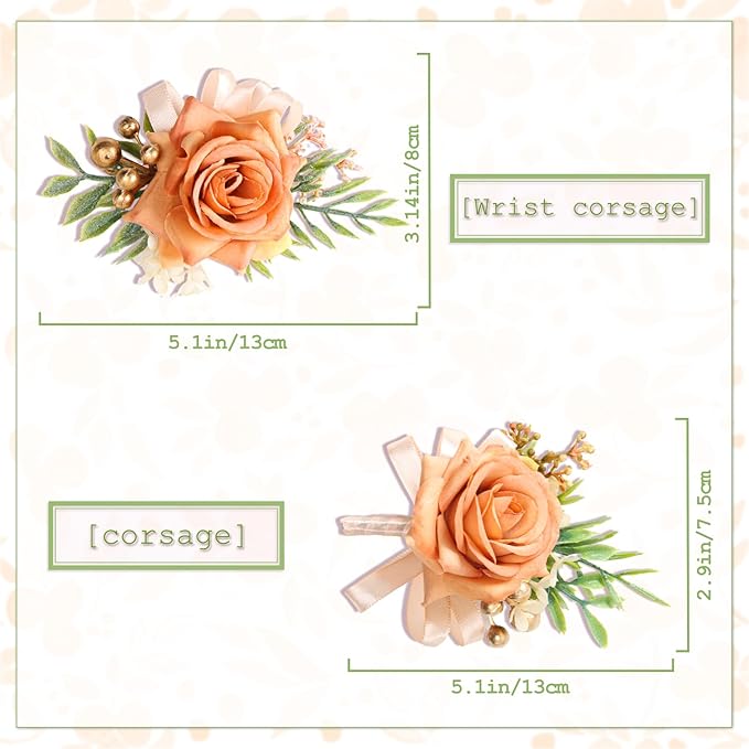 2 Pcs Rose Wrist Corsage and Boutonniere Set, Rose Corsage Hand for Women, Boutonniere for Men Wedding Artificial Flowers Accessories Prom Decor, Wedding Party Accessories (Orange)