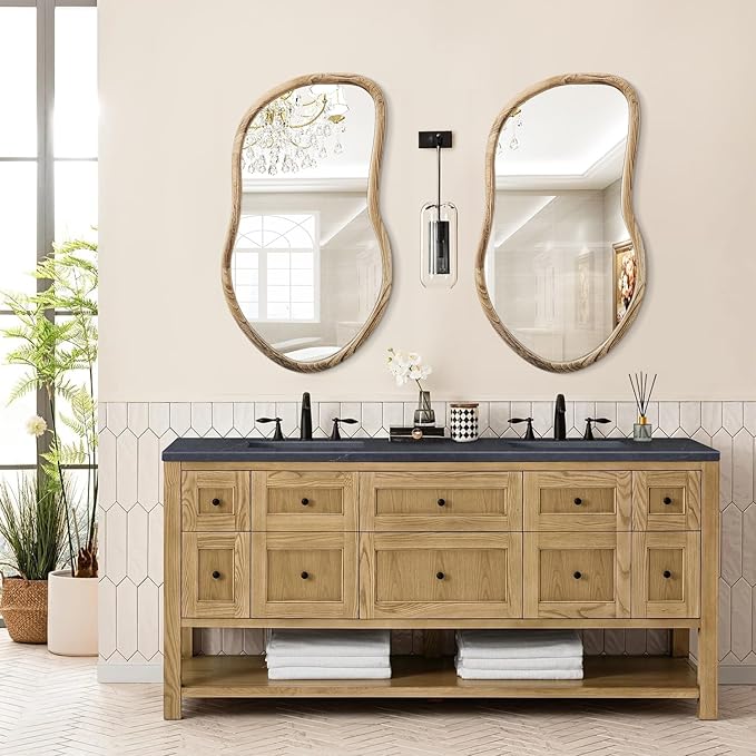 Irregular Wall Mirror Wood Asymmetrical Mirror Large Bathroom Vanity Mirrors Natural Wood Framed Abstract Mirrors for Wall Living Room Bedroom Decorative