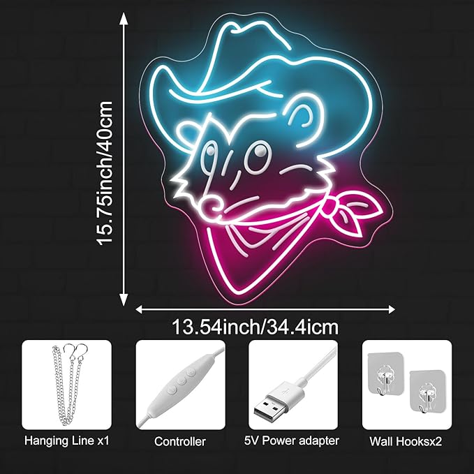 Opossum Cowboy Neon Sign, Western Rodeo decor Cowboy Mouse Neon Sign, Cowboy Bar Decor, Gaming Room Decor, Funny Western Opossum Sign, Light up Cute Animal Shape LED Lamp, Unique Home