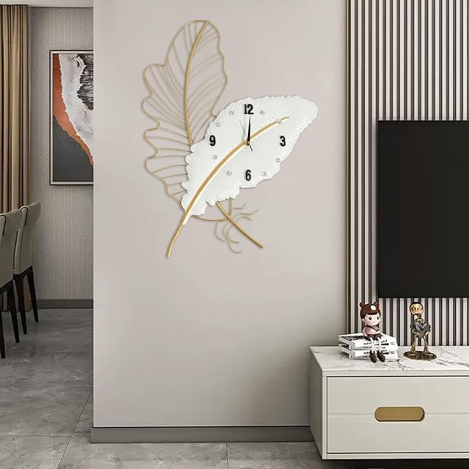 30.8Inch Large Wall Clocks for Living Room, Feather-Shaped Wall Clock Large Decorative Art Clock Silent Battery Operated, Modern Creative Decorative Clock for Living Room, Entrance, Office