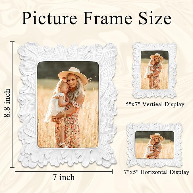 5x7 Vintage Picture Frame White, Ornate Leaves Photo Frame with Glass Front, Elegant Picture Frame for Wall or Tabletop Display, Gift ldeas for Home Decor