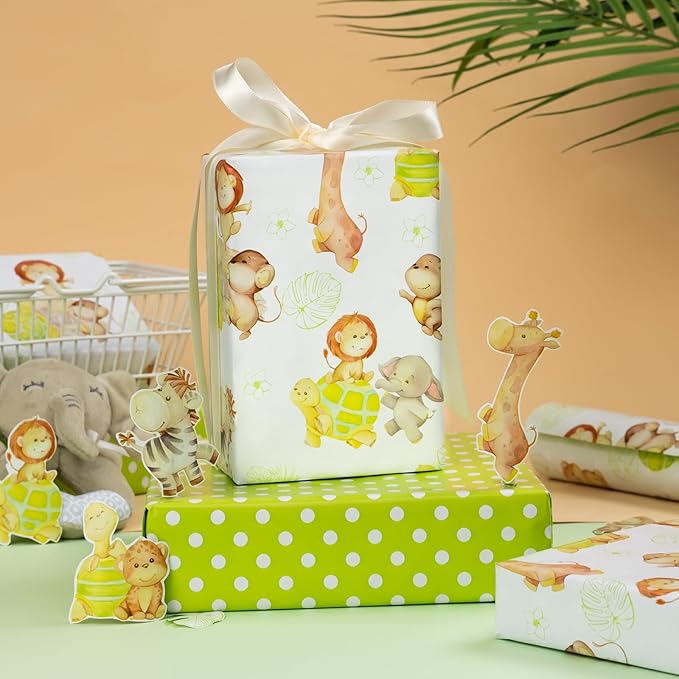 HOMERAL Baby Shower Wrapping Paper Roll - Jungle Animal Design - 17 Inch x 32.8 Feet (46.8 sq.ft) Green Gift Wrap with Lion, Elephant, Turtle, Giraffe, Zebra, Perfect for Baby Boy & Girl, Birthday, Gender Reveal, Holidays