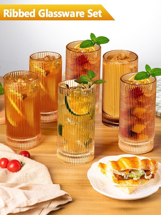 16Oz Amber Ribbed Glassware Set Of 6 – Vintage Drinking Glasses And Ribbed Glass Cups, Amber Glassware Drinkware Set For Water, Juice, Cocktails, Iced Coffee, Smoothies, Beer, Home, Parties