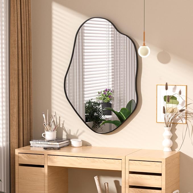 41"x28" Irregular Wall Mirror Cloud Asymmetrical Shaped Black Aluminum Alloy Framed Mirror for Living Room Bathroom Bedroom Entryway Fireplace