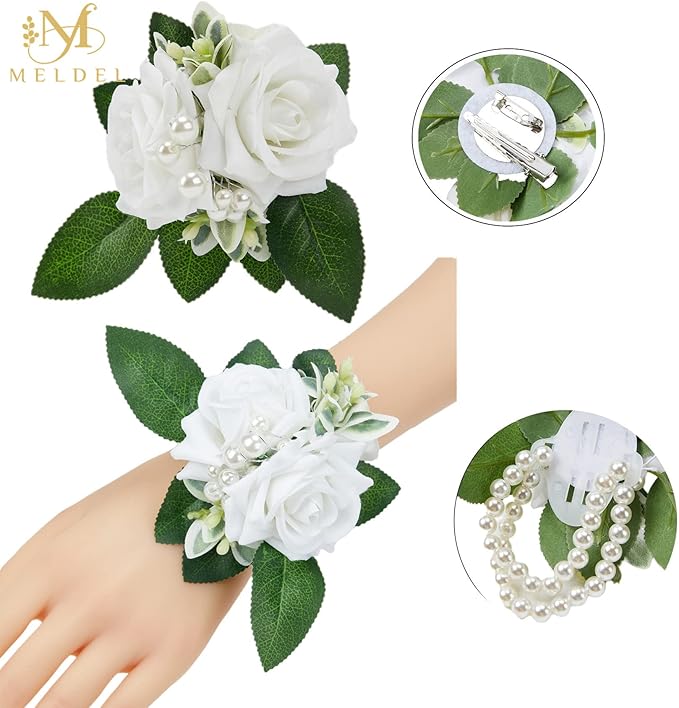 Meldel Prom Wrist Corsage and Boutonniere Set for Wedding, White Rose Boutonniere for Men Wedding, Wrist Flower for Bride Bridesmaid, Hand Flower for Wedding Ceremony Anniversary, Party, Homecoming