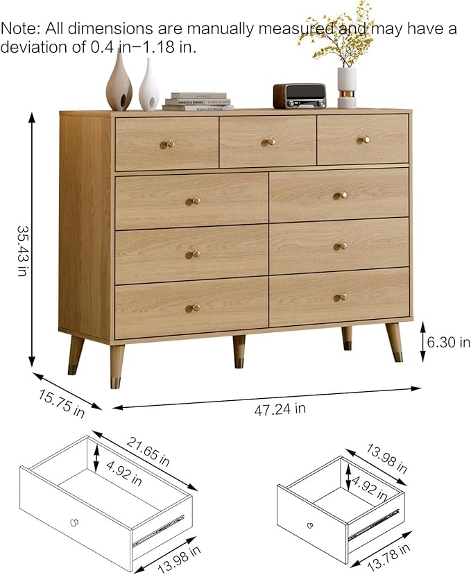 9 Drawer Dresser,47" Wide Mid Century Modern Chest of Drawers,Wooden Bedroom Drawer Dresser with 9 Storage Drawers for Bedroom, Living Room,with Anti-Tipping Device,Yellow