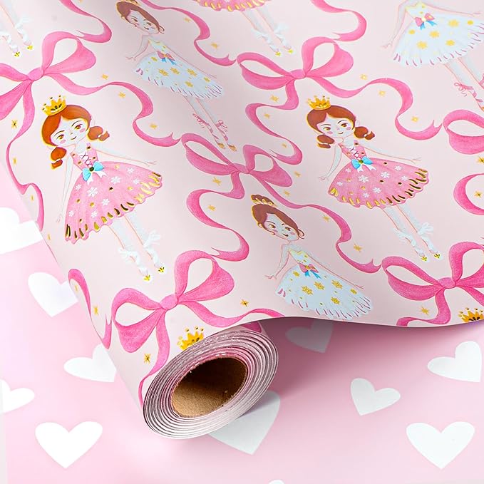 Homeral Pink Ballerina Christmas Wrapping Paper Roll - Ballet Princess with Bowknots and Snowflakes & Heart Pattern Reversible Gift Wrap for Christmas, Girls Birthday - Mini Roll - 17 Inch x 33 Feet