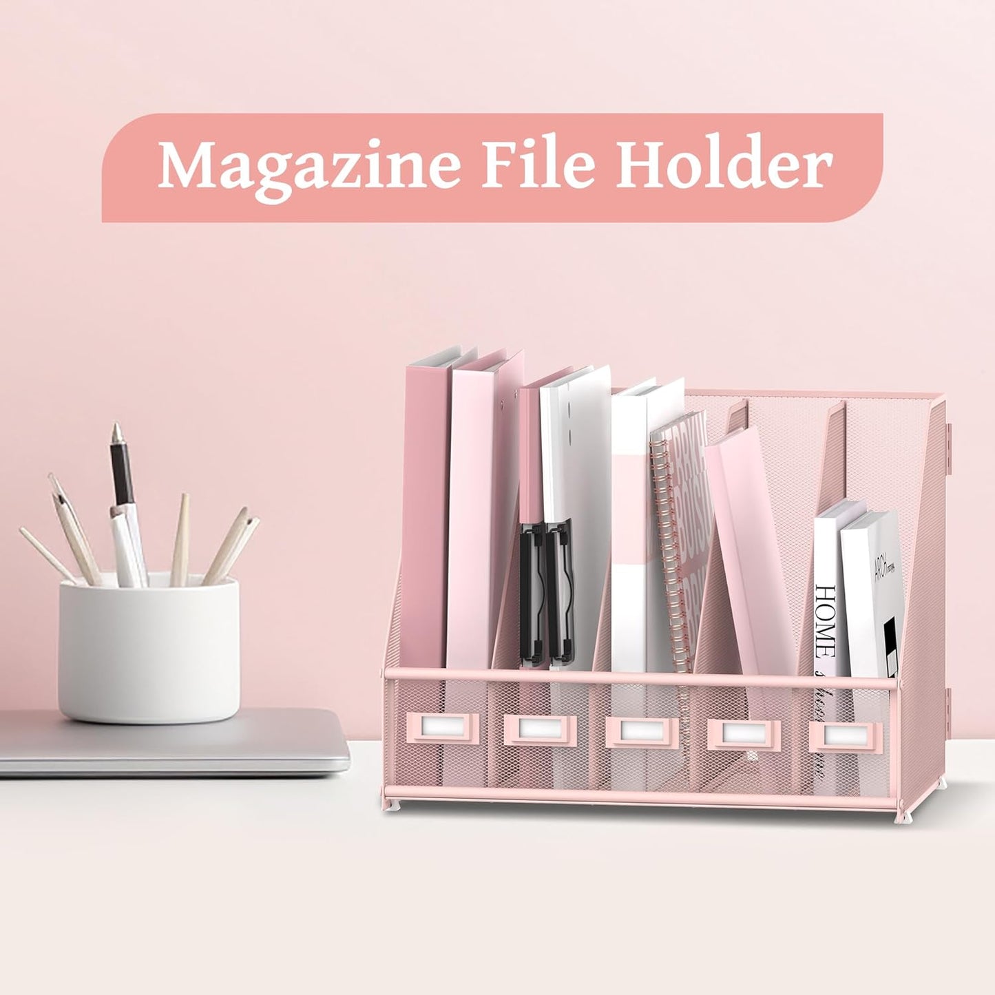 SUPEASY Desk Organizer - Metal Magazine File Holder with 5 Vertical Compartments | Pink for Office & Home