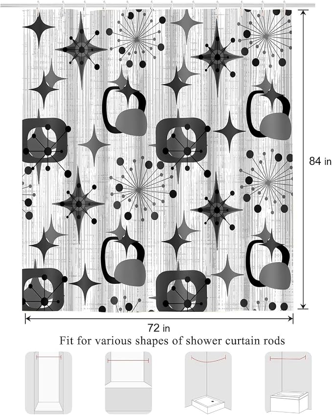 Mid Century Shower Curtain, 72x84inch, Modern Abstract Retro Grey Striped Geometric Shower Curtain Sets 1950s Boho Bathroom Shower Curtain with 12 Hooks