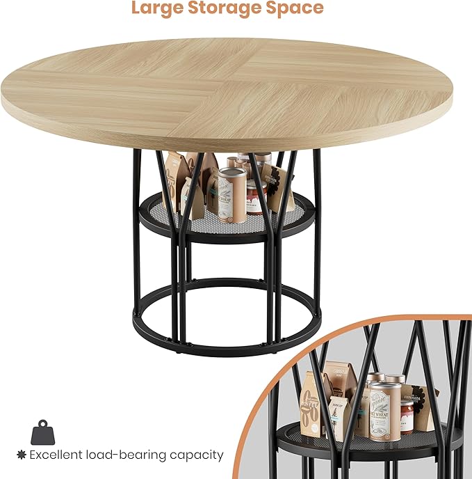 Garvee Round Dinning Table for 4-6 - 47" Circle Dinner Table with Storage Shelf & Sturdy Metal Frame, Modern Breakfast Tea Desk for Kitchen, Living Room, Apartment, Office, Natural