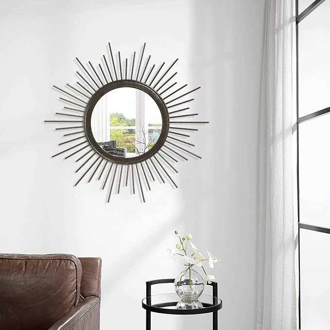 Large Sunburst Wall Mirror, Round Home Modern Metal Art Mirror for Bathroom Living Room Hallway Bedroom Balcony Farmhouse 24" x 24"