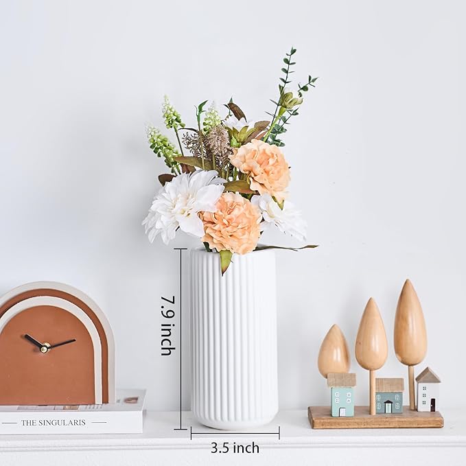 Ekirlin White Ceramic Flower Vase - 8 inch Small Vase for Home Decor, Pampas Grass Decorative Centerpiece Ribbed Vase for Dining Table, Office, Desktop, Mantel, Entryway, Farmhouse, Best Gift