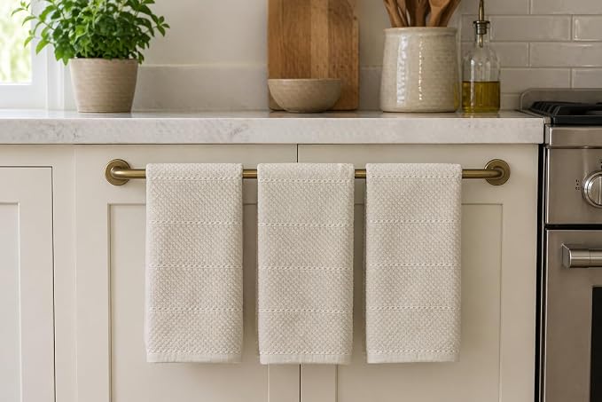 Off White Ivory Cream Kitchen Hand Dish Towels: Oversized 28" x 18",100% Cotton Cloth Soft Cleaning Drying Absorbent Textured Design, Set of 3 Multipurpose for Everyday Use (Creme Textured)