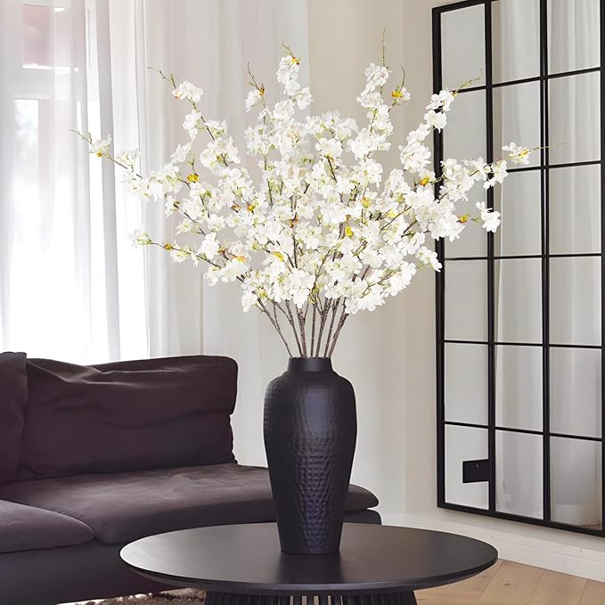 8 Pcs Artificial Cherry Blossom Flowers 40" Faux Silk Cherry Blossom Stems Fake Real Touch Peach Branches for Wedding Home Garden Japanese Decor White
