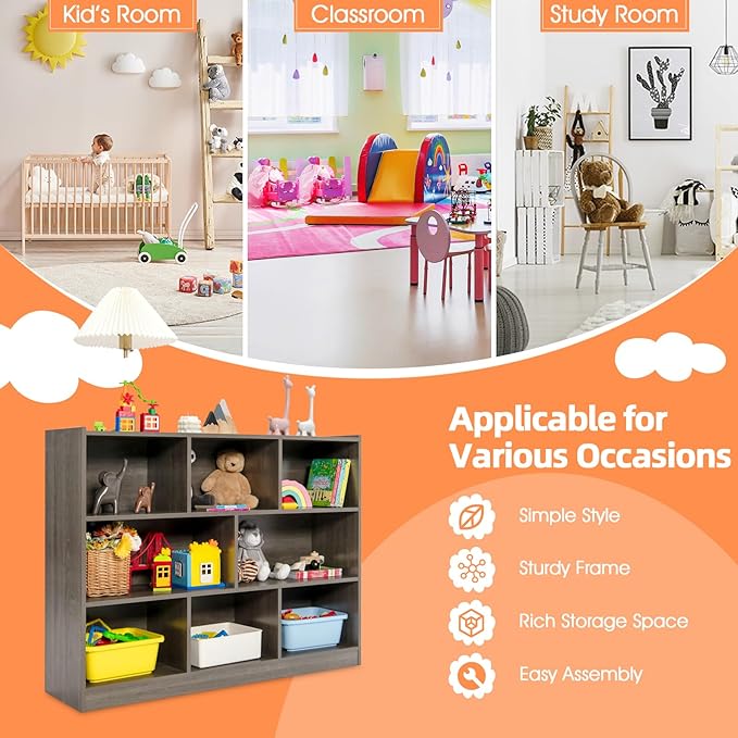 Costzon 3-Shelf Bookcase for Kids, Wooden Toy Storage Organizer for Books Toys, 8-Section Freestanding Classroom Daycare Montessori Bookshelf for Preschool, Home Playroom & Kindergarten (Grey)