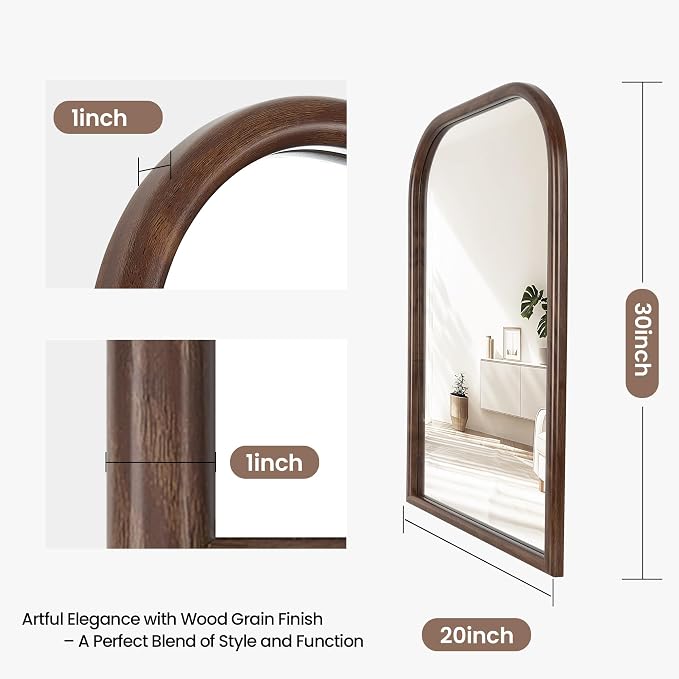 20"x30" Arch Wall Mirror Bathroom Mirror for Wall Mounted, Tempered Glass, Wood Grain Finish Frame Wall Mirror Decorative for Bedroom Living Room Entryway, Rustic Brown