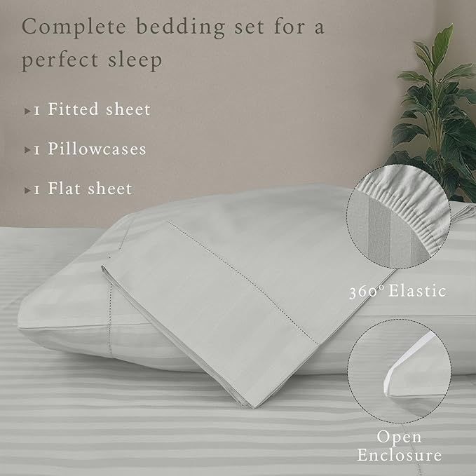 Threadmill 500 Thread Count Twin-XL Size Damask Stripe, 3 Pc Luxury Cotton Bed Sheet Set, Silky Soft Light Grey Sheets with 15" Elasticized Deep Pocket, 1 Pillowcase & Free Tote Bag