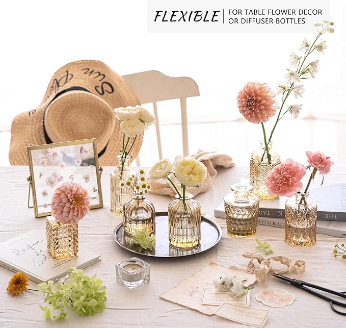 24pcs Glass Bud Vase Set, Small Gold Amber Flower Vases for Centerpieces in Bulk, Mini Vintage Vase for Wedding, Home,Table Decoration