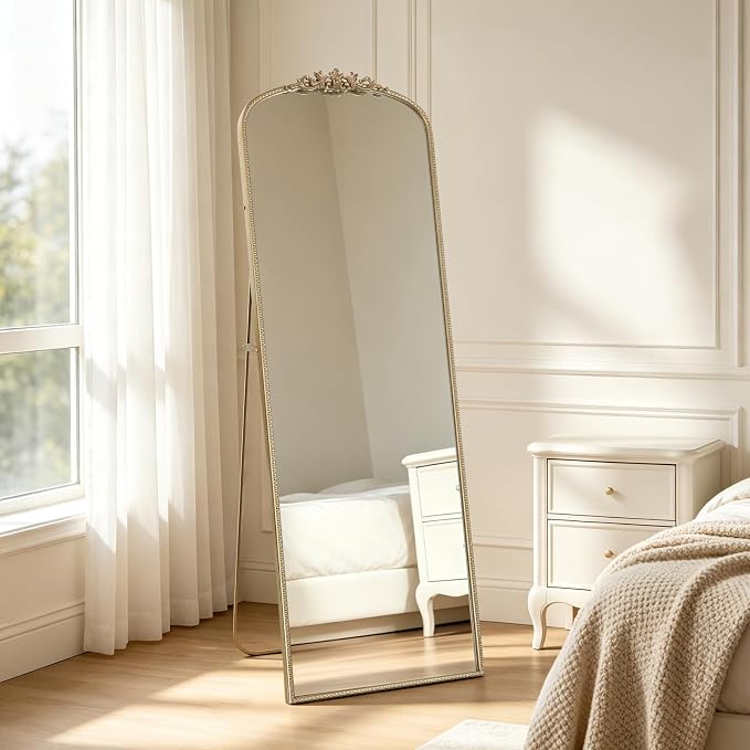 WallBeyond Gold Vintage Full Length Mirror with Stand for Vanity 22x65 Inch, Gold Antique Mirror with Ornate Frame, Arched Vintage for Bathroom, Living Room, Bedroom, Entryway