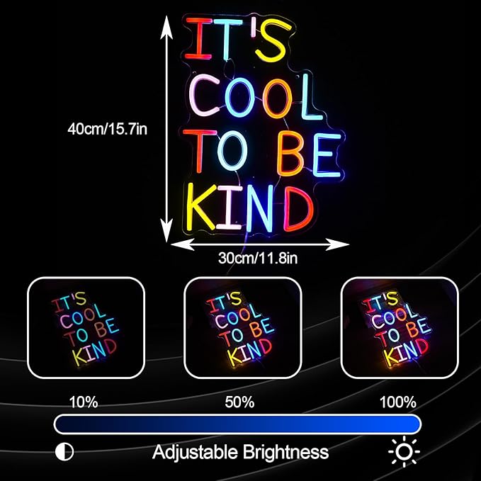 It's Cool To Be Kind Neon Sign Student Led Neon Light Powered by USB for Wall Decor Dimmable Be Kind Neon Light Sign for Classroom Bedroom Office Club Shop Bar School (Multicolored)